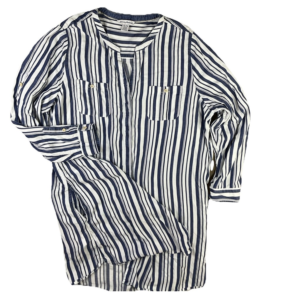 Tommy Bahama Shirt Dress Womens XL Tunic Striped Linen Blend Blue White